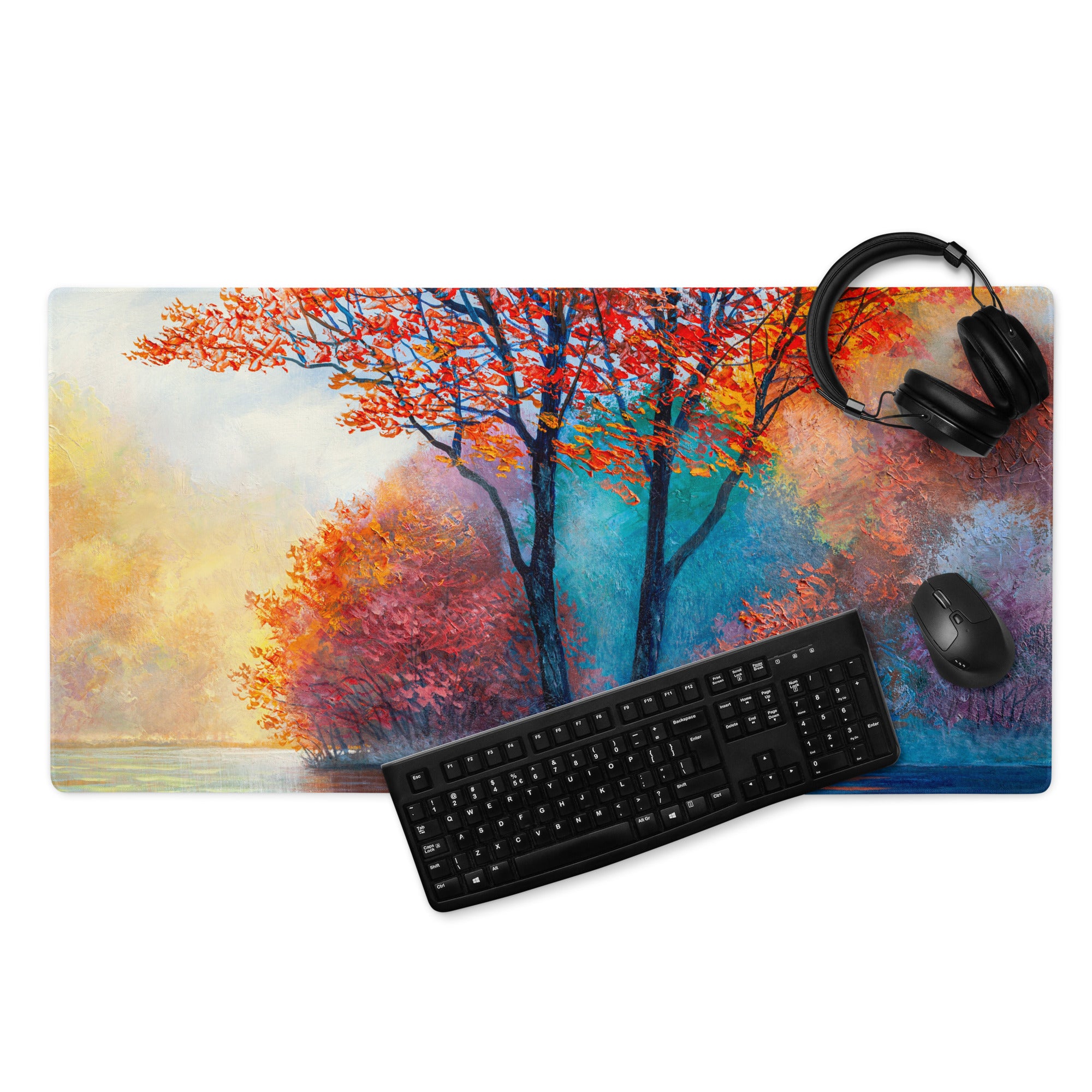 Autumn Tree Art Mouse Pad - Autumn Tree Art Orange Blue Desk Watercolor Mood Vibrant Modern Gaming Desk Mat Watercolor