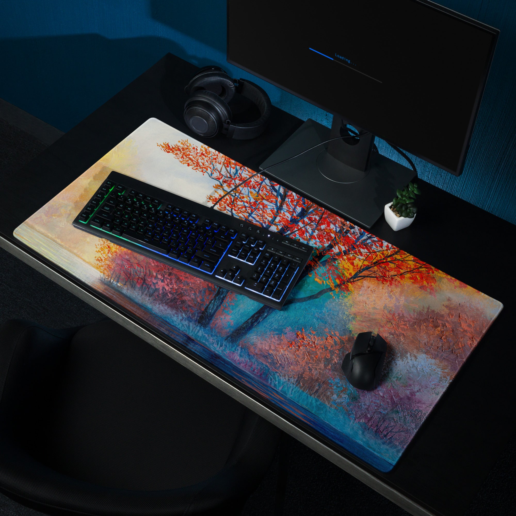 Autumn Tree Art Mouse Pad - Autumn Tree Art Orange Blue Desk Watercolor Mood Vibrant Modern Gaming Desk Mat Watercolor