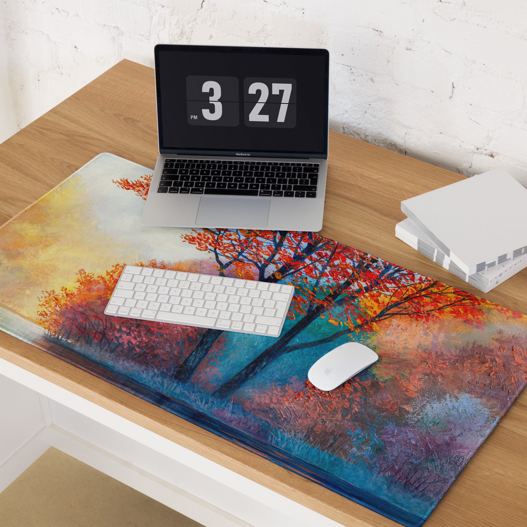 Autumn Tree Art Mouse Pad - Autumn Tree Art Orange Blue Desk Watercolor Mood Vibrant Modern Gaming Desk Mat Watercolor