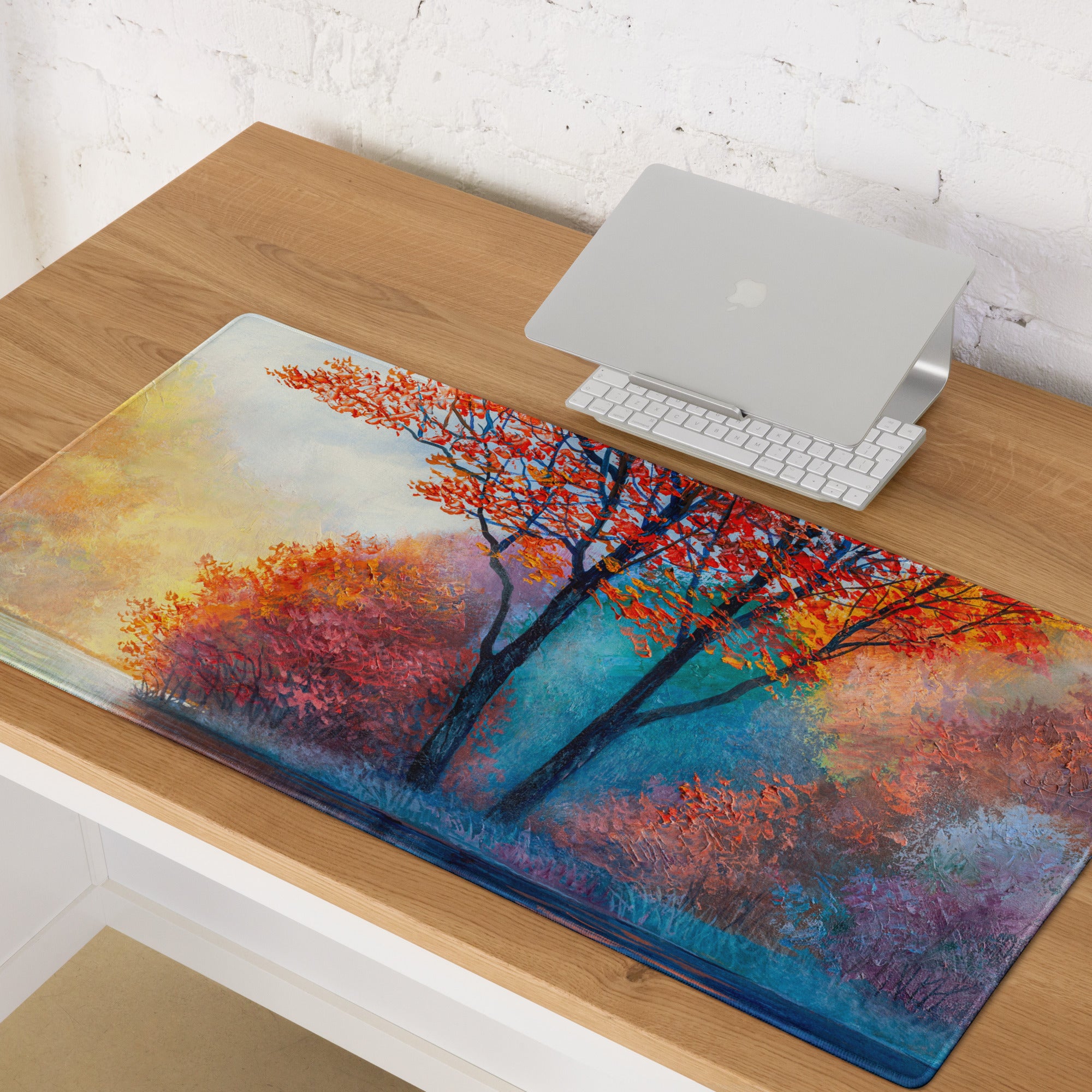Autumn Tree Art Mouse Pad - Autumn Tree Art Orange Blue Desk Watercolor Mood Vibrant Modern Gaming Desk Mat Watercolor