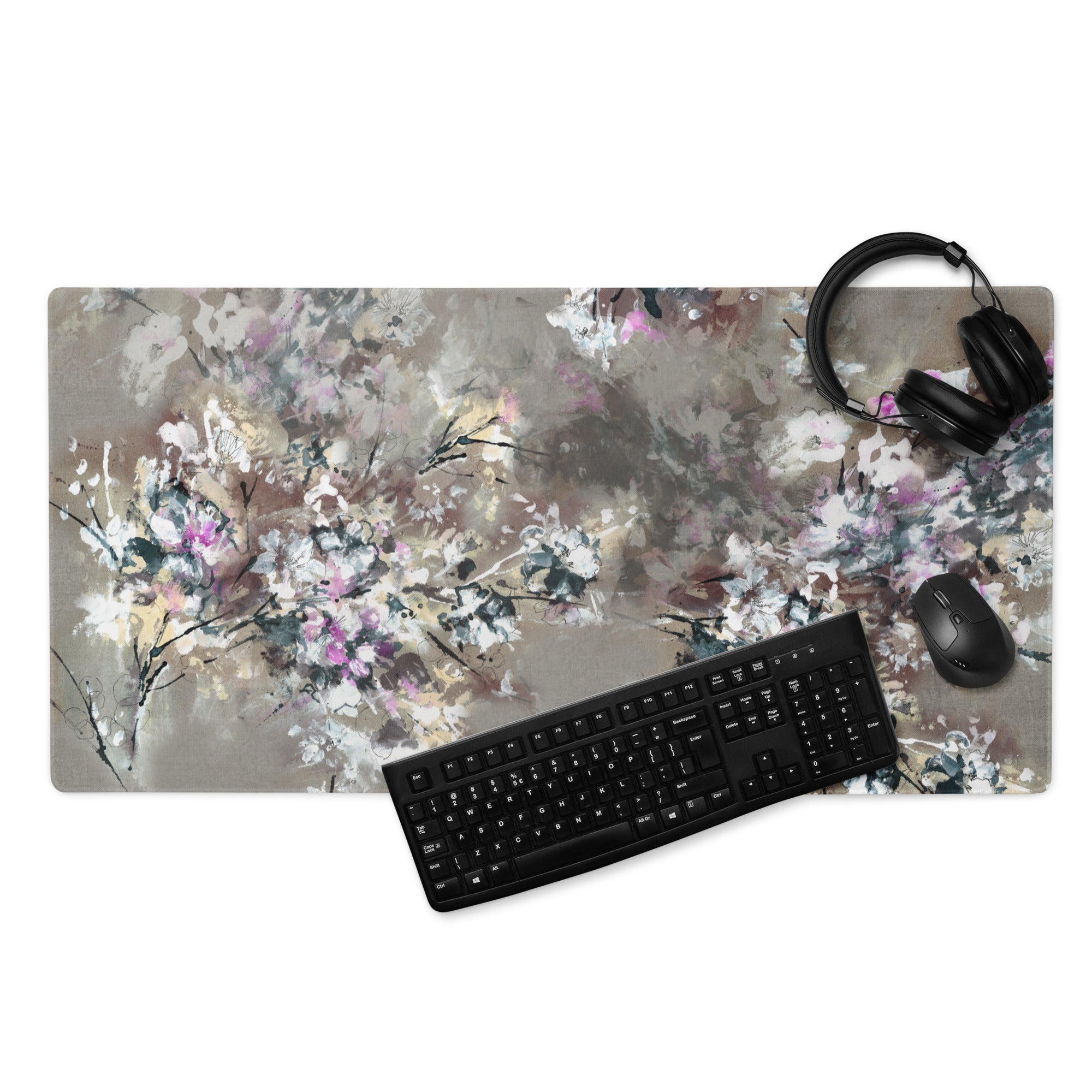Floral Abstract Gaming Mouse Pad - Floral Pattern Beige Pink Gray Desktop Gaming Art Soft Mood Modern Minimal Desk Decor