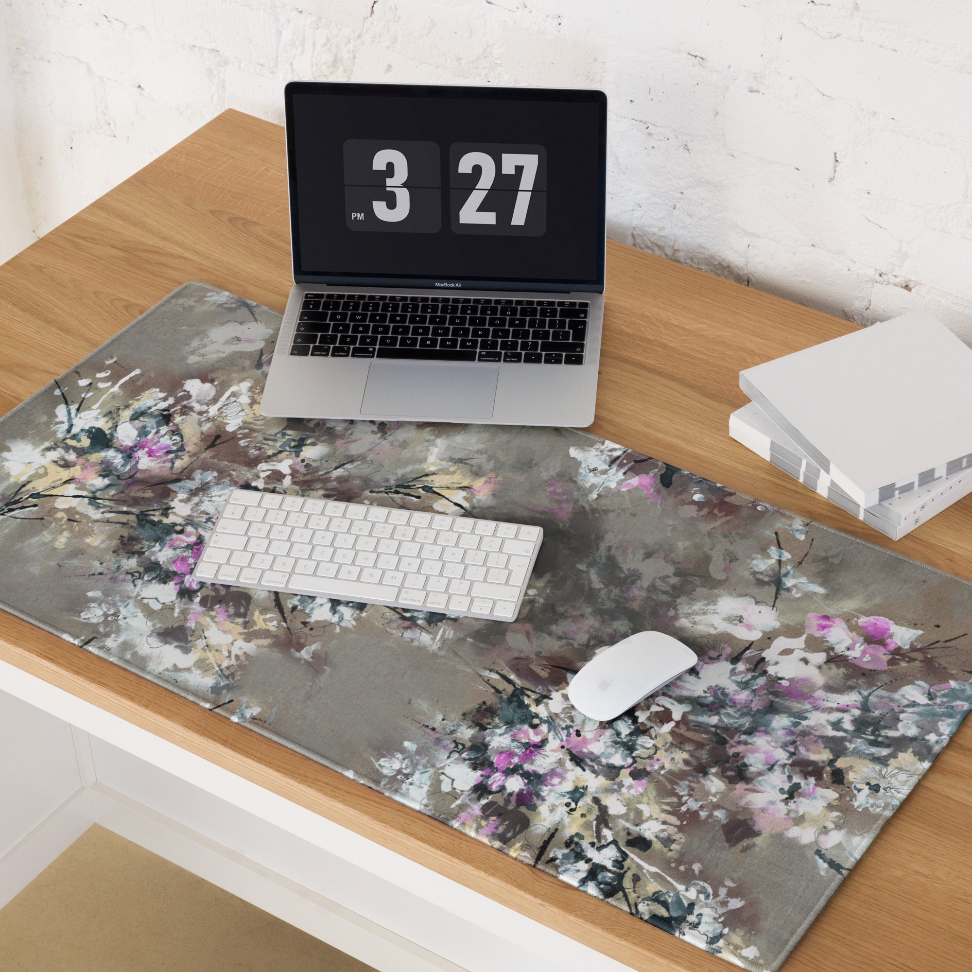 Floral Abstract Gaming Mouse Pad - Floral Pattern Beige Pink Gray Desktop Gaming Art Soft Mood Modern Minimal Desk Decor