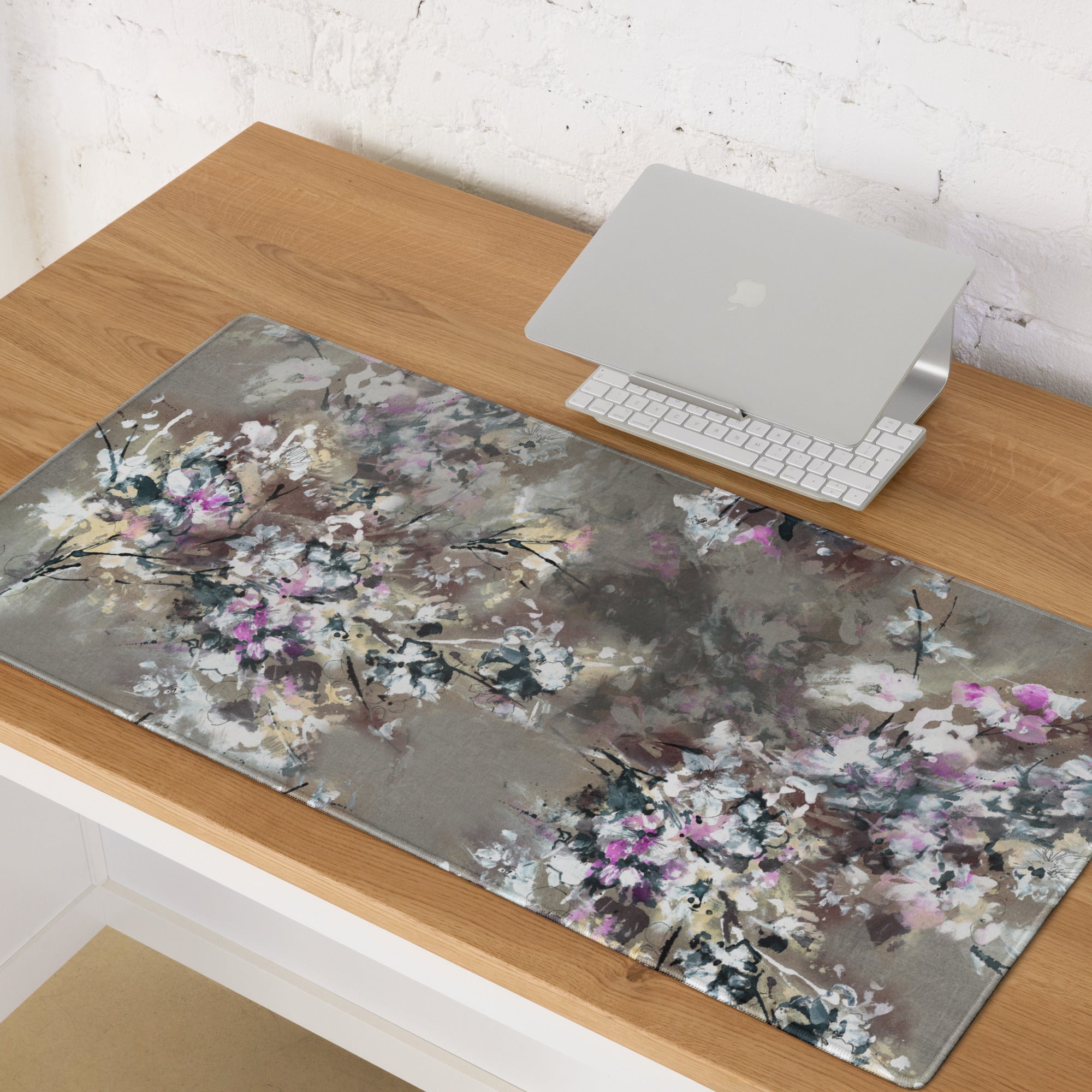 Floral Abstract Gaming Mouse Pad - Floral Pattern Beige Pink Gray Desktop Gaming Art Soft Mood Modern Minimal Desk Decor