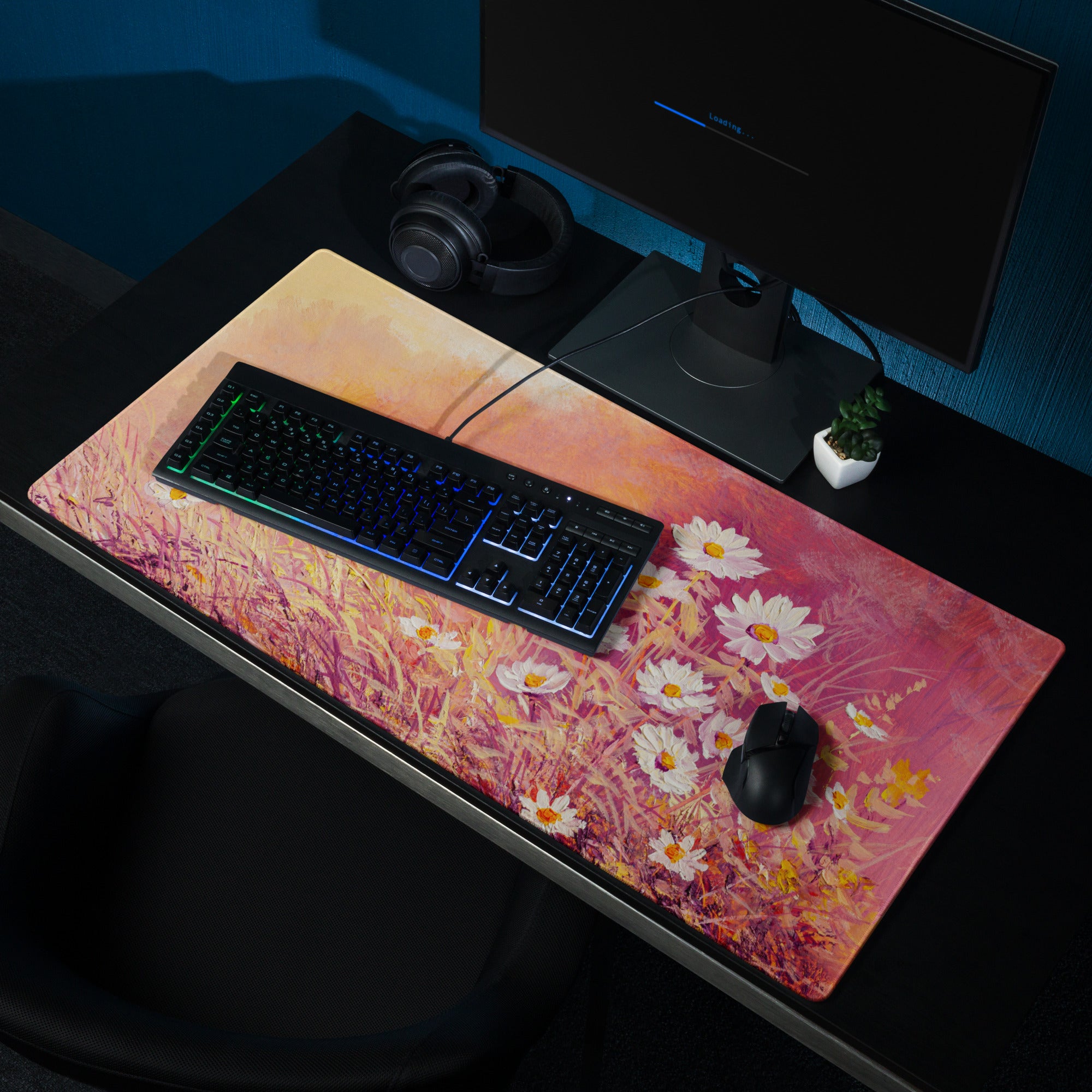 Floral Sunset Daisy Desk Pad - Daisies Orange Pink Desk Impressionist Warm Serene Mood Modern Desk Mat Mouse Pad Acrylic