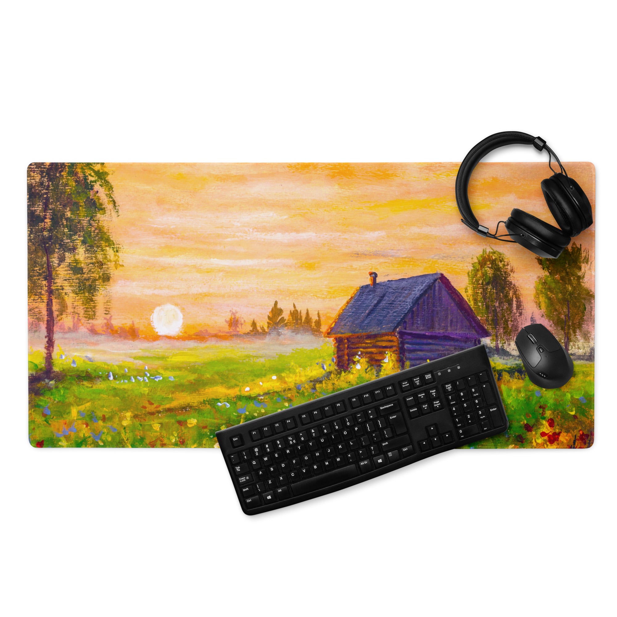 Sunset Village Landscape Desk Pad - Sunset Landscape Desk Pad Orange Impressionist Calm Mood Rustic Decor Oil Painting