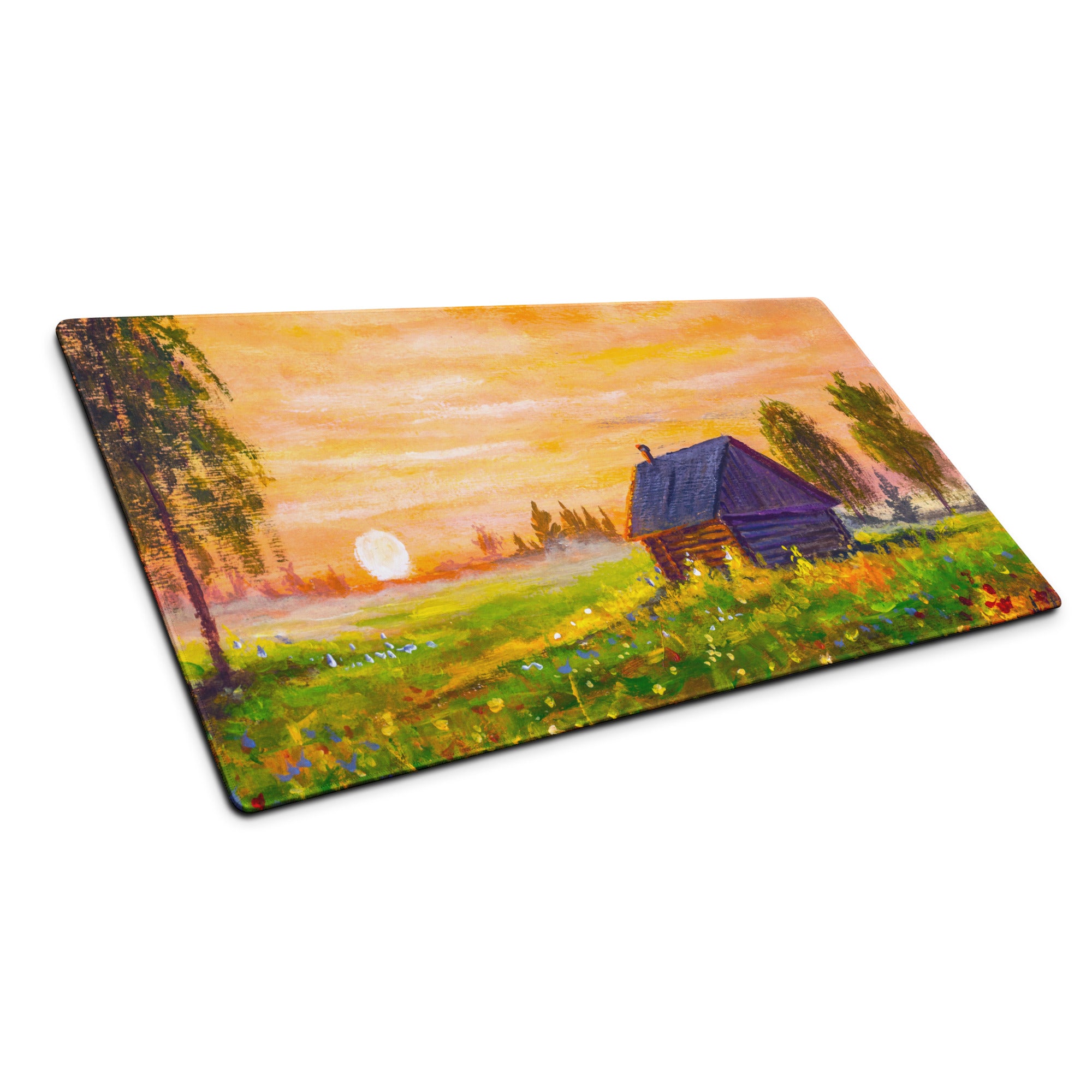 Sunset Village Landscape Desk Pad - Sunset Landscape Desk Pad Orange Impressionist Calm Mood Rustic Decor Oil Painting