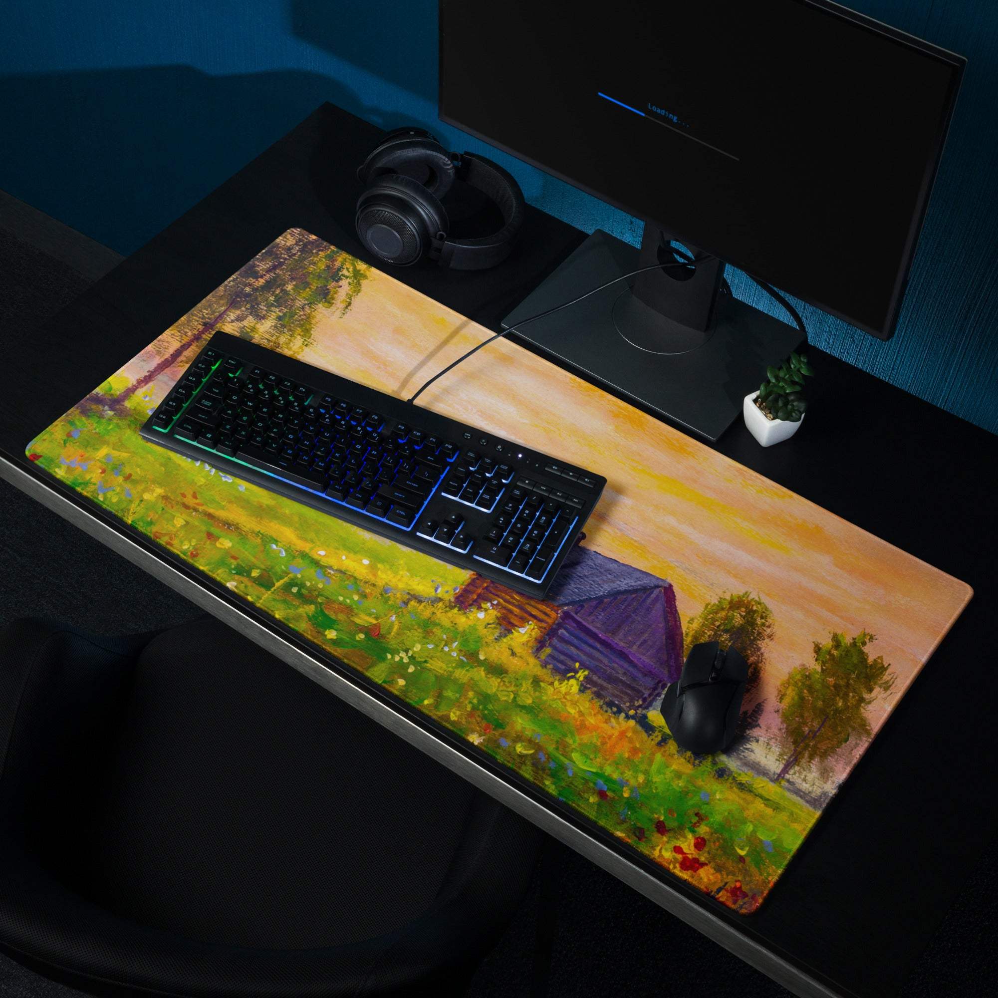 Sunset village landscape desk pad featuring a vibrant impressionist oil painting of green fields and a purple-roofed barn
