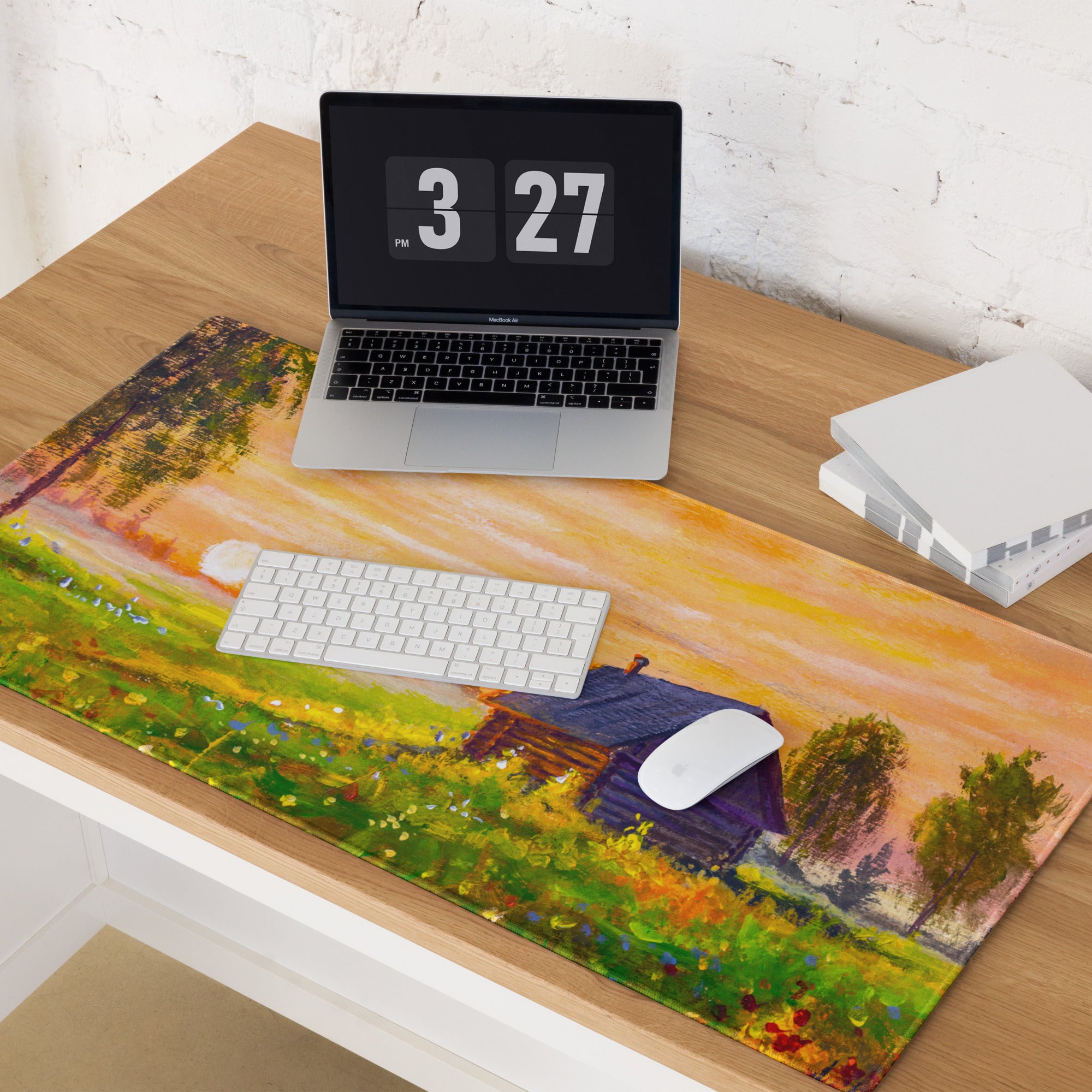 Sunset Village Landscape Desk Pad - Sunset Landscape Desk Pad Orange Impressionist Calm Mood Rustic Decor Oil Painting