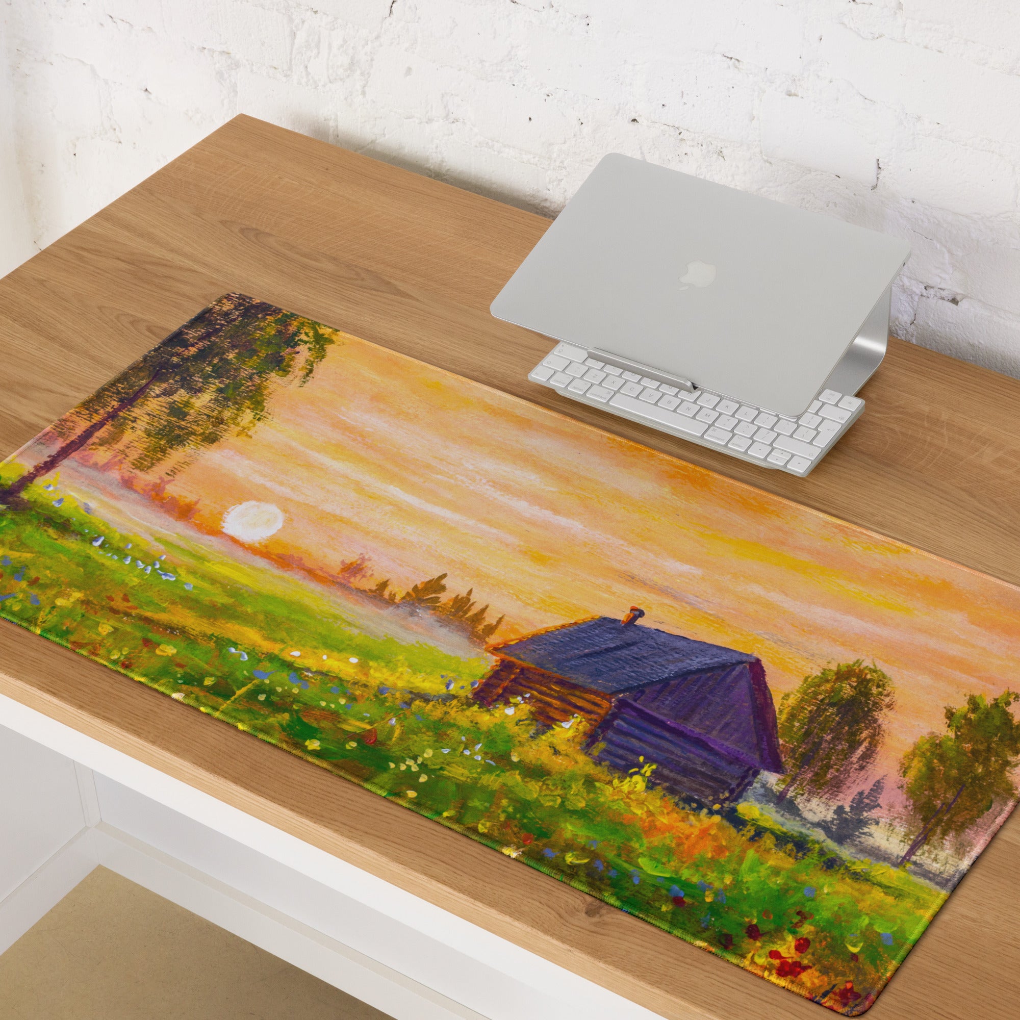 Sunset Village Landscape Desk Pad - Sunset Landscape Desk Pad Orange Impressionist Calm Mood Rustic Decor Oil Painting