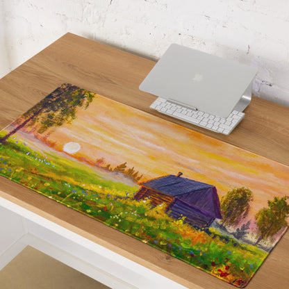 Sunset Village Landscape Desk Pad - Sunset Landscape Desk Pad Orange Impressionist Calm Mood Rustic Decor Oil Painting