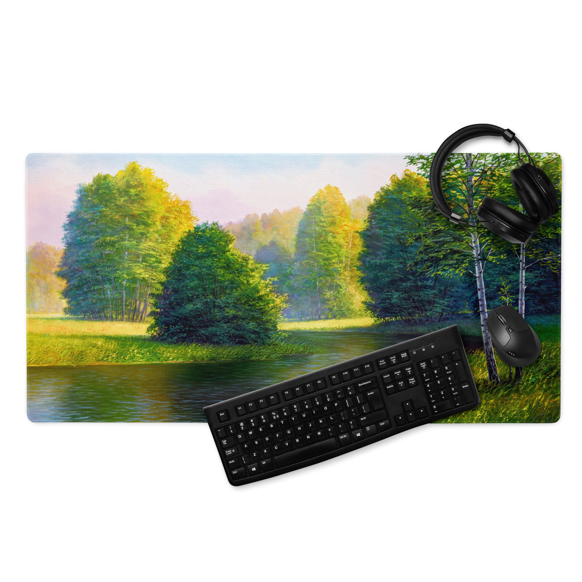 Autumn Forest Riverside Mouse Pad - Forest Landscape Green Blue Desktop Tranquil Mood Desk Mat Office Decor Oil Painting