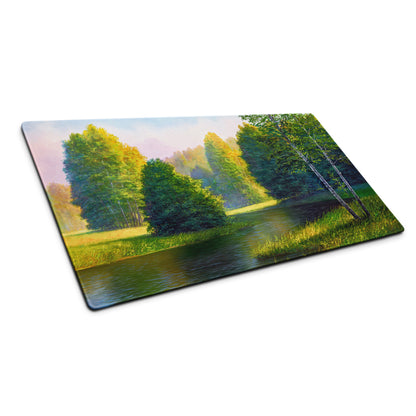 Autumn Forest Riverside Mouse Pad - Forest Landscape Green Blue Desktop Tranquil Mood Desk Mat Office Decor Oil Painting
