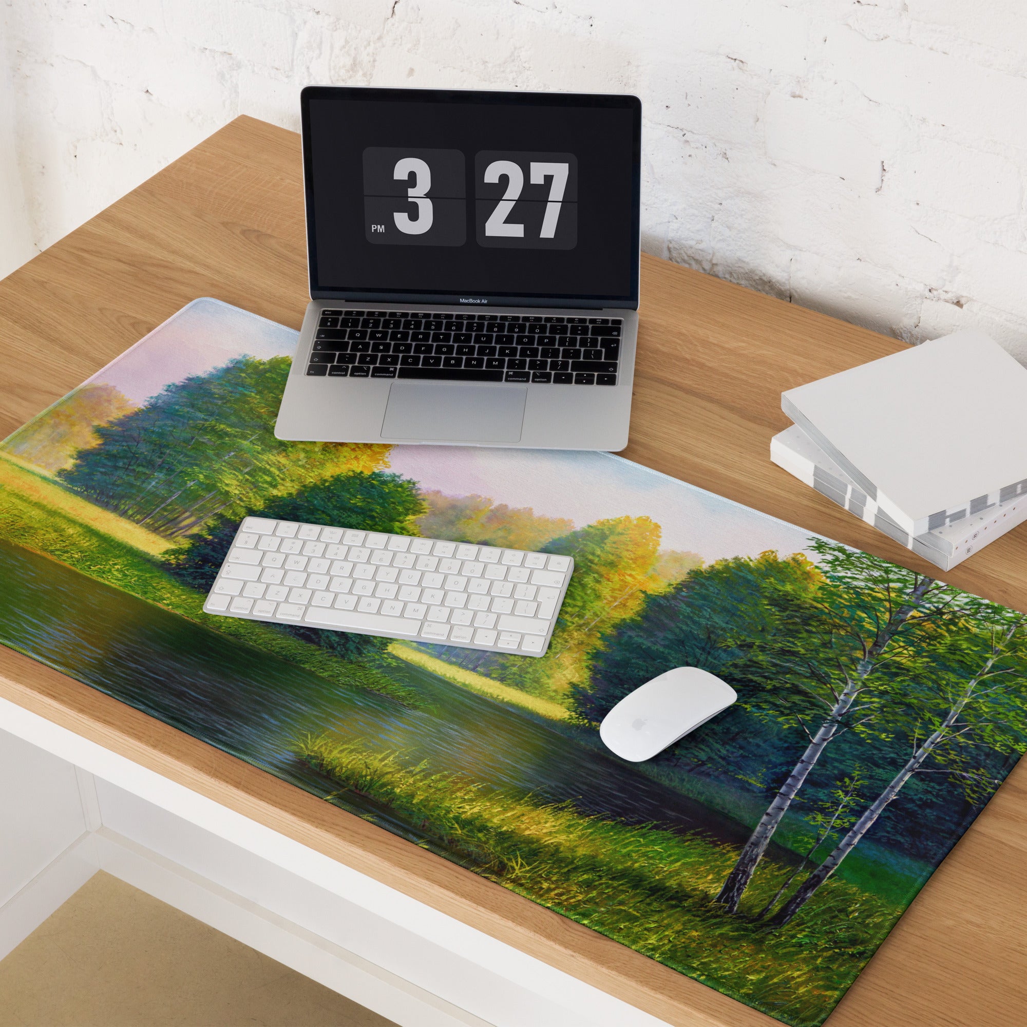 Autumn Forest Riverside Mouse Pad - Forest Landscape Green Blue Desktop Tranquil Mood Desk Mat Office Decor Oil Painting