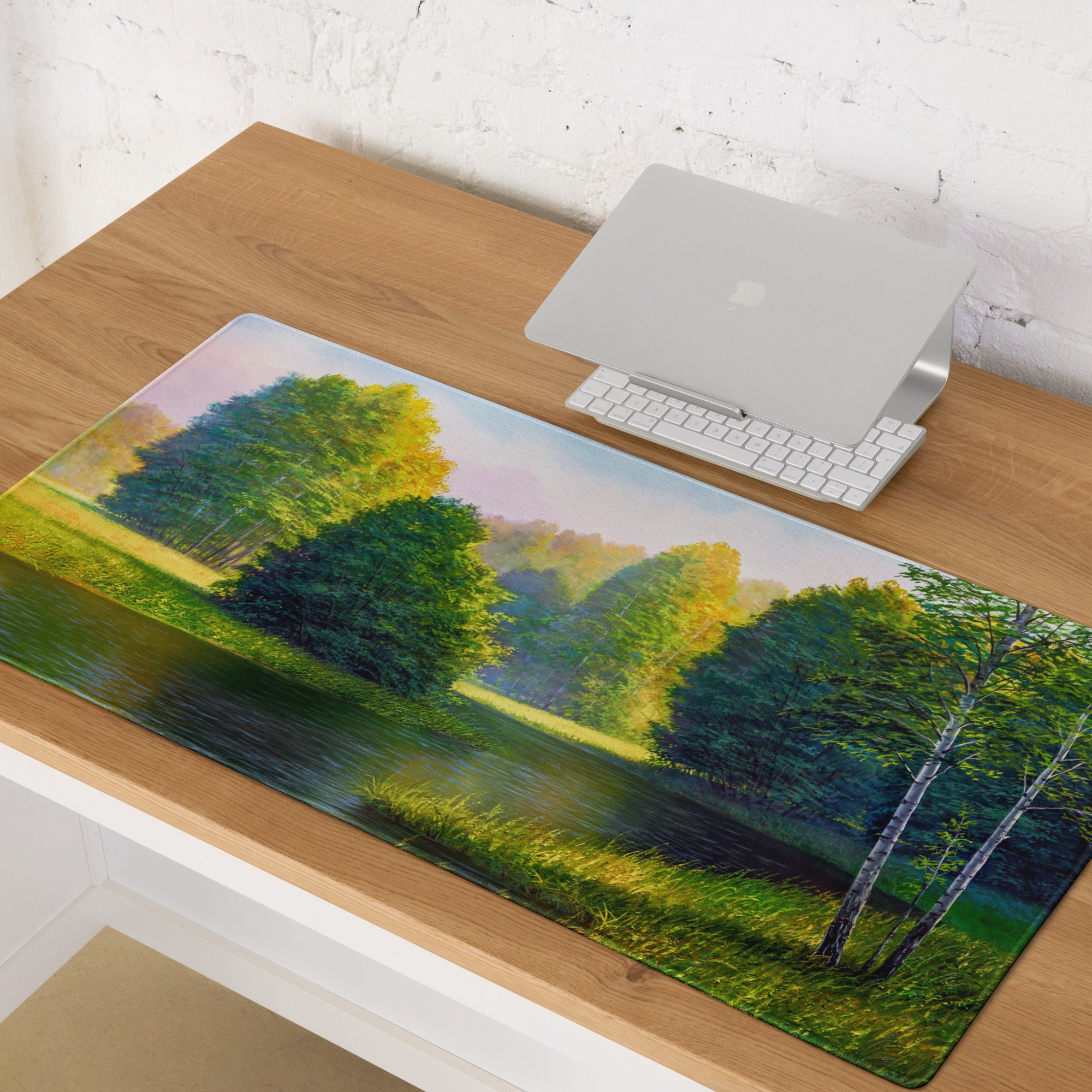 Autumn Forest Riverside Mouse Pad - Forest Landscape Green Blue Desktop Tranquil Mood Desk Mat Office Decor Oil Painting
