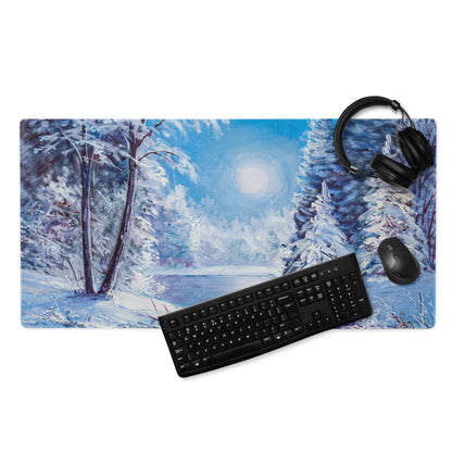 Winter Forest Desk Pad - Winter Forest Landscape Blue Desk Setup Impressionist Calm Minimalist Desk Decor Oil Painting