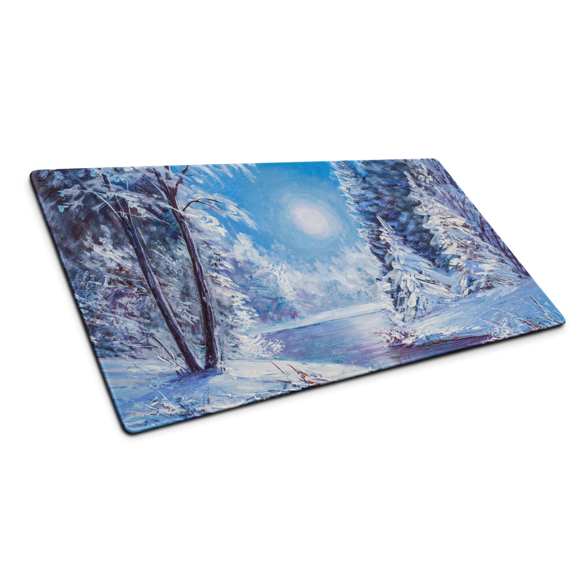 Winter Forest Desk Pad - Winter Forest Landscape Blue Desk Setup Impressionist Calm Minimalist Desk Decor Oil Painting