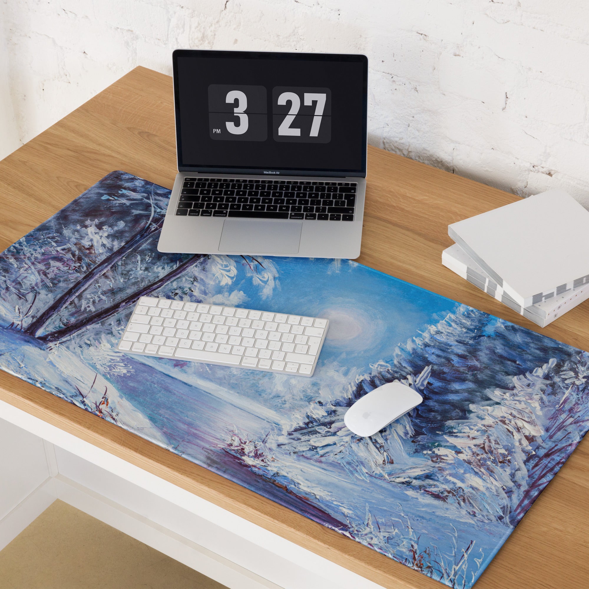Winter Forest Desk Pad - Winter Forest Landscape Blue Desk Setup Impressionist Calm Minimalist Desk Decor Oil Painting