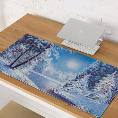 Winter Forest Desk Pad - Winter Forest Landscape Blue Desk Setup Impressionist Calm Minimalist Desk Decor Oil Painting
