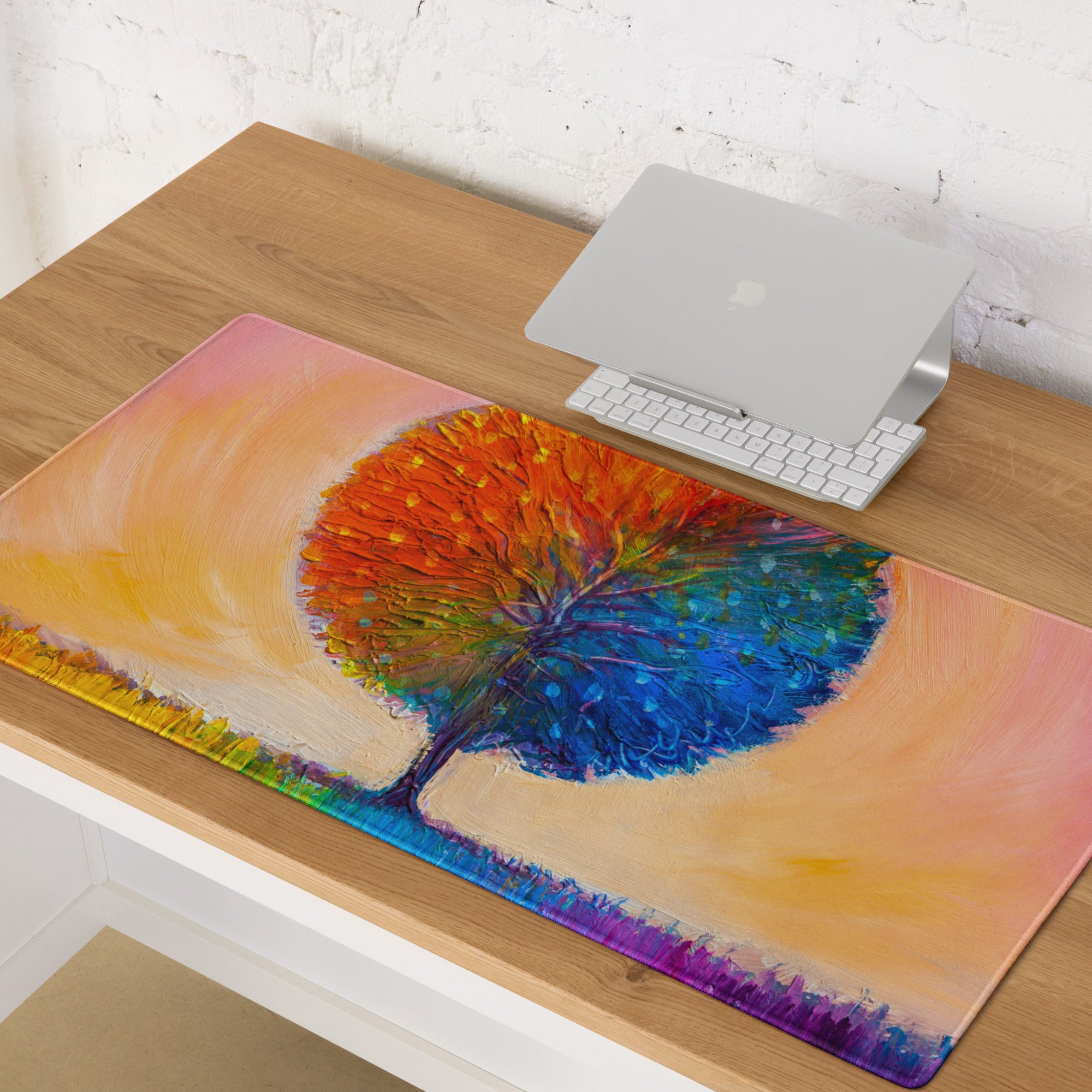 Vivid Rainbow Tree Mouse Pad - Tree Rainbow Multicolor Home Office Abstract Vibrant Contemporary Desk Mat Oil Painting