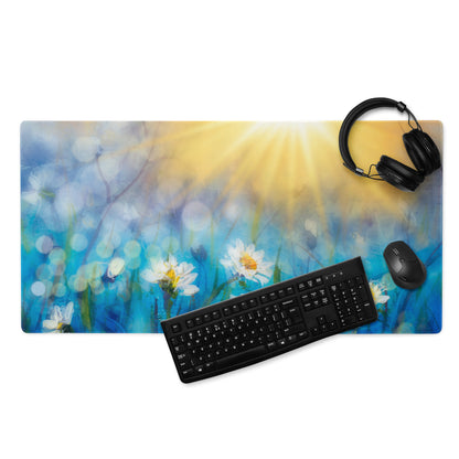 Daisy Field Desk Mat - Daisy Field Blue Gradient Desk Mat Floral Bright Mood Modern Floral Desktop Pad Digital Painting