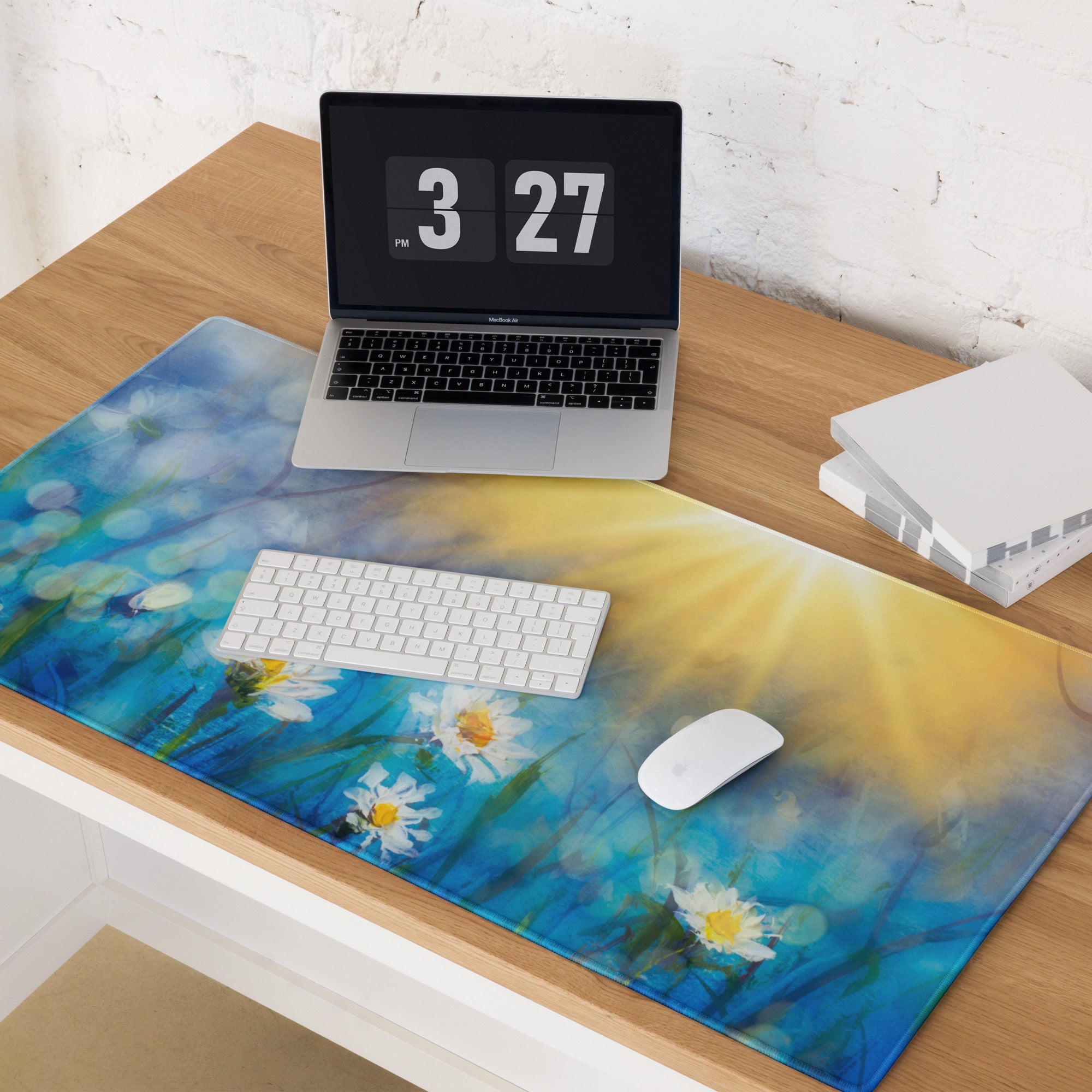 Daisy Field Desk Mat - Daisy Field Blue Gradient Desk Mat Floral Bright Mood Modern Floral Desktop Pad Digital Painting