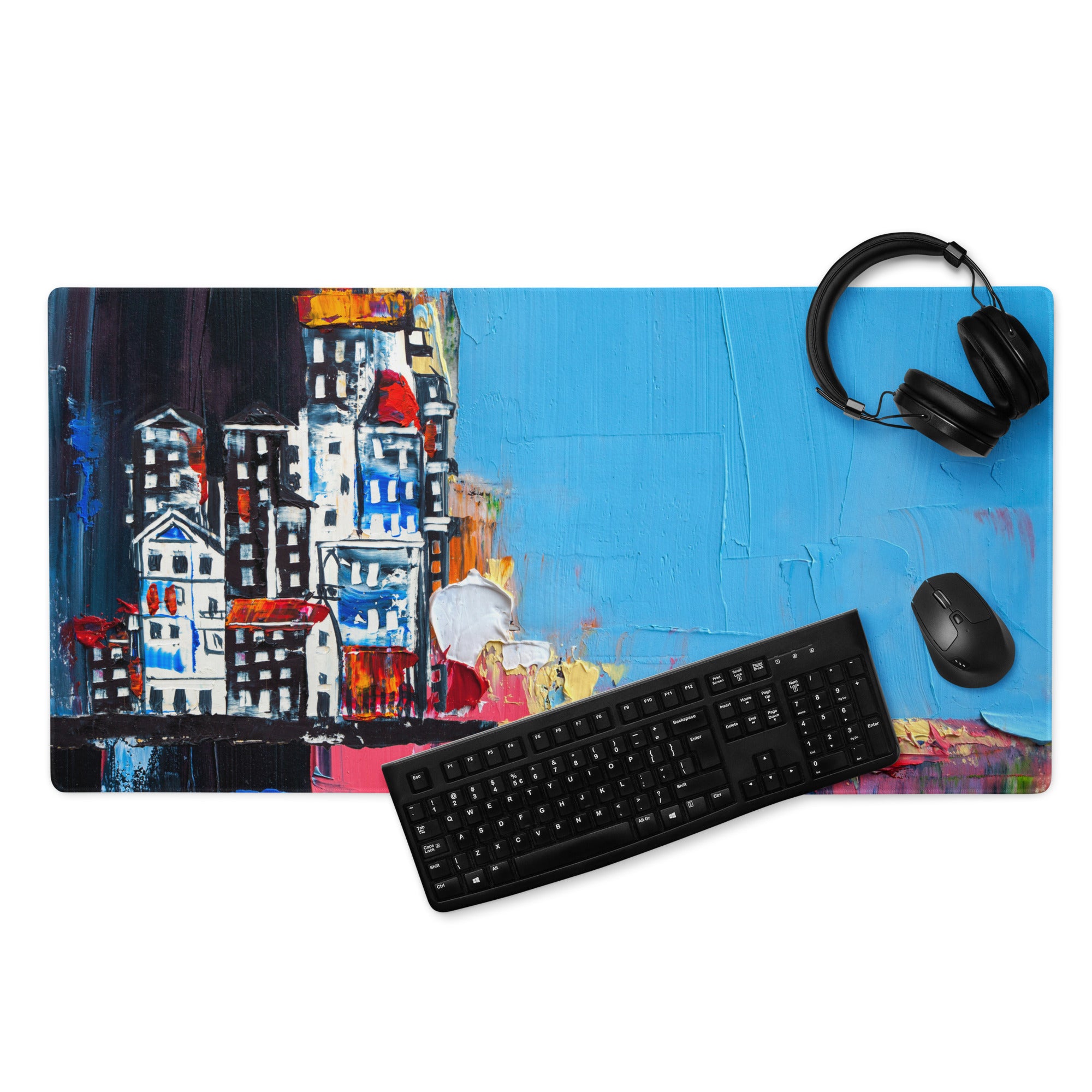 Urban Blues Large Gaming Mouse Pad - Cityscape Blue Desk Impasto Bold Modern Abstract Large Desk Mat Acrylic