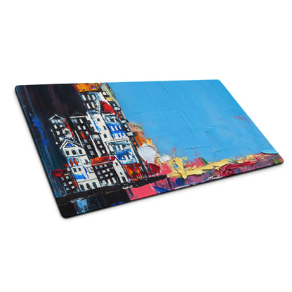 Urban Blues Large Gaming Mouse Pad - Cityscape Blue Desk Impasto Bold Modern Abstract Large Desk Mat Acrylic