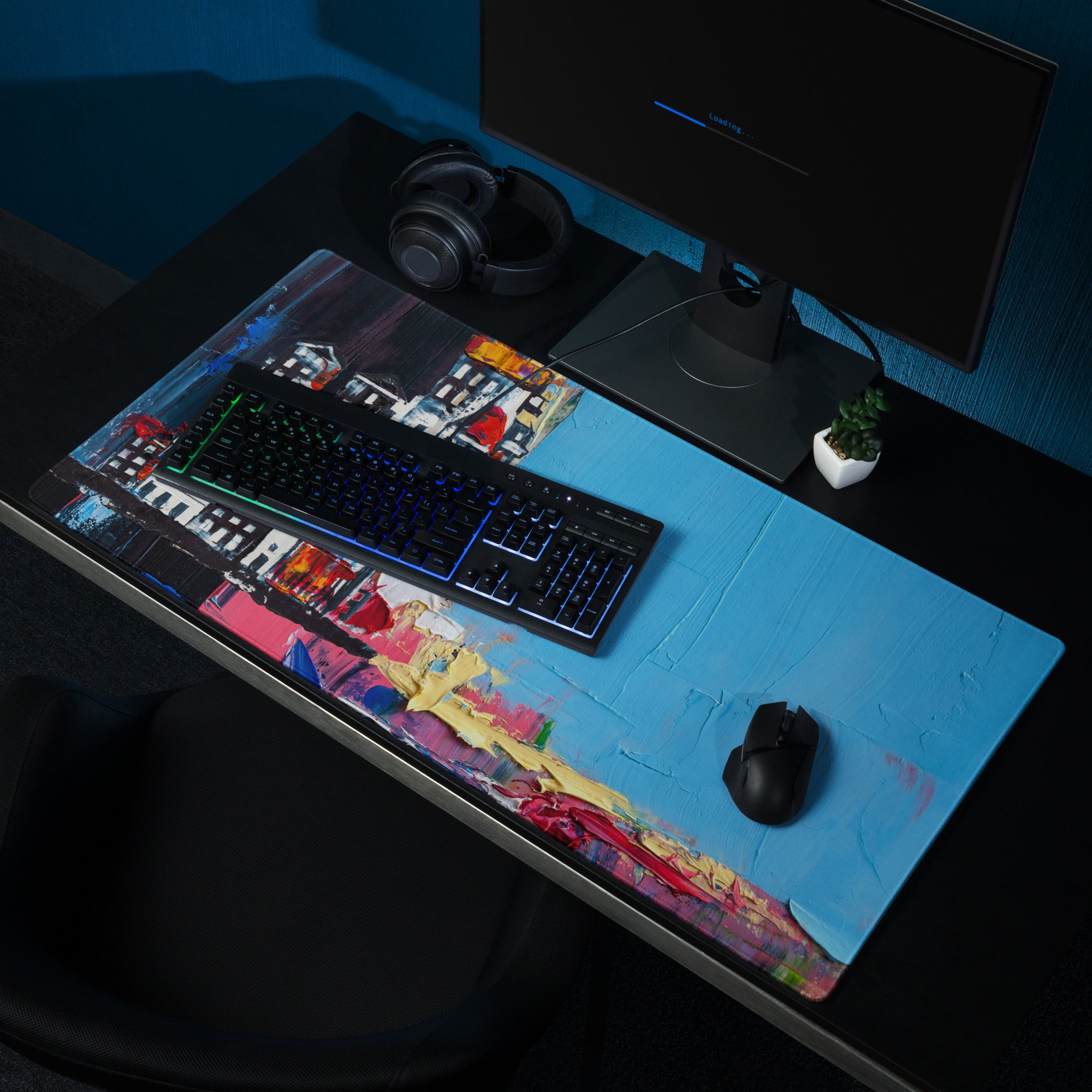 Urban Blues Large Gaming Mouse Pad - Cityscape Blue Desk Impasto Bold Modern Abstract Large Desk Mat Acrylic