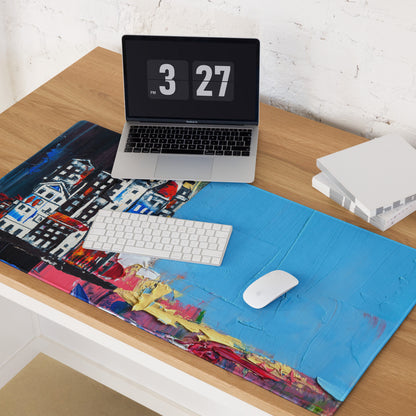 Urban Blues Large Gaming Mouse Pad - Cityscape Blue Desk Impasto Bold Modern Abstract Large Desk Mat Acrylic