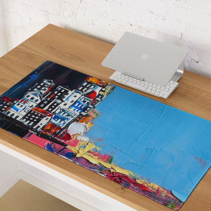 Urban Blues Large Gaming Mouse Pad - Cityscape Blue Desk Impasto Bold Modern Abstract Large Desk Mat Acrylic