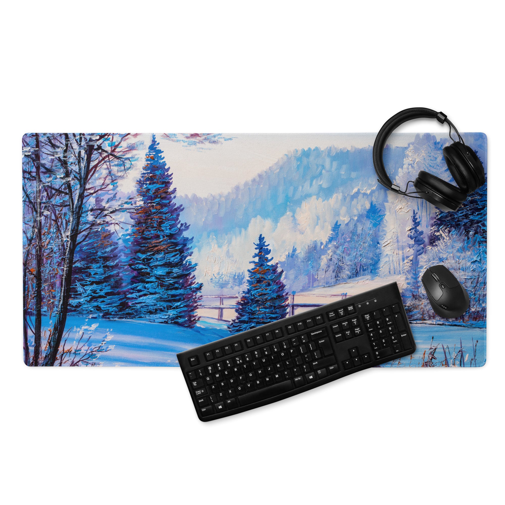 Winter Mountain Vista Pad - Winter Mountain Landscape Blue White Desk Pad Calm Mood Nordic Minimalist Oil Painting