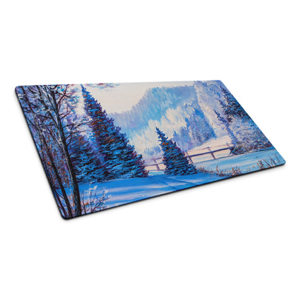 Winter Mountain Vista Pad - Winter Mountain Landscape Blue White Desk Pad Calm Mood Nordic Minimalist Oil Painting