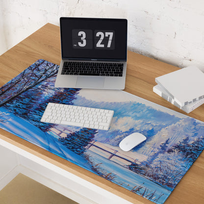 Winter Mountain Vista Pad - Winter Mountain Landscape Blue White Desk Pad Calm Mood Nordic Minimalist Oil Painting