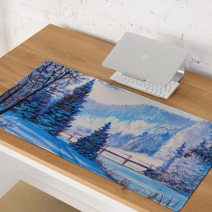 Winter Mountain Vista Pad - Winter Mountain Landscape Blue White Desk Pad Calm Mood Nordic Minimalist Oil Painting