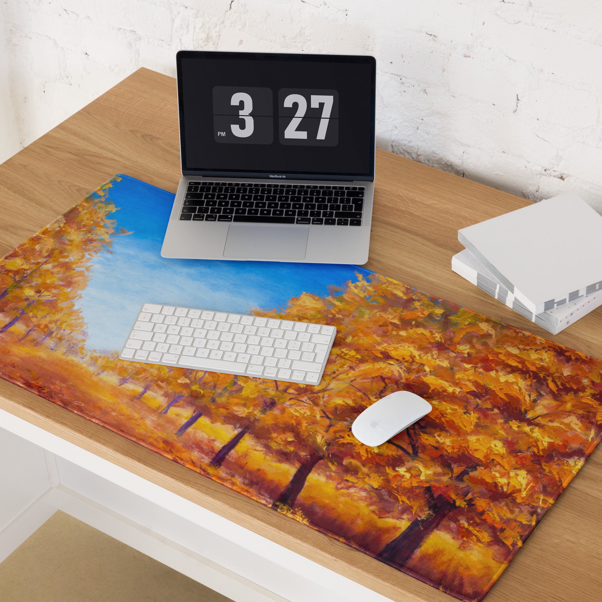 Autumn Leaves Mouse Pad - Autumn Leaves Desk Pad Orange Blue Impressionist Vibrant Cozy Rustic Modern Gaming Oil Canvas
