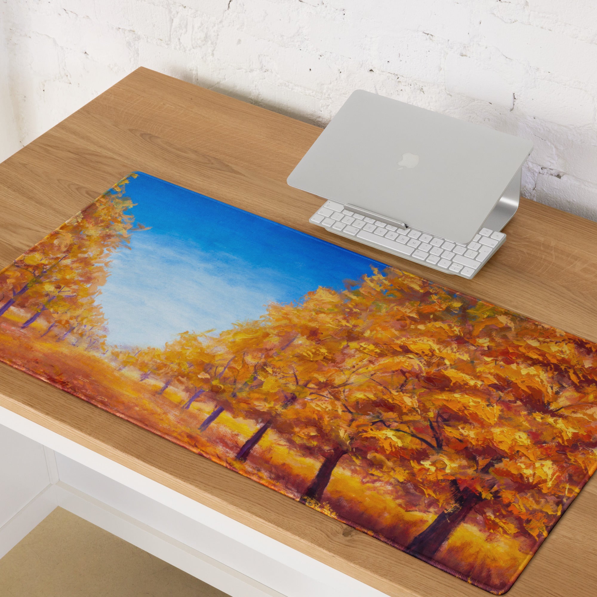 Autumn Leaves Mouse Pad - Autumn Leaves Desk Pad Orange Blue Impressionist Vibrant Cozy Rustic Modern Gaming Oil Canvas