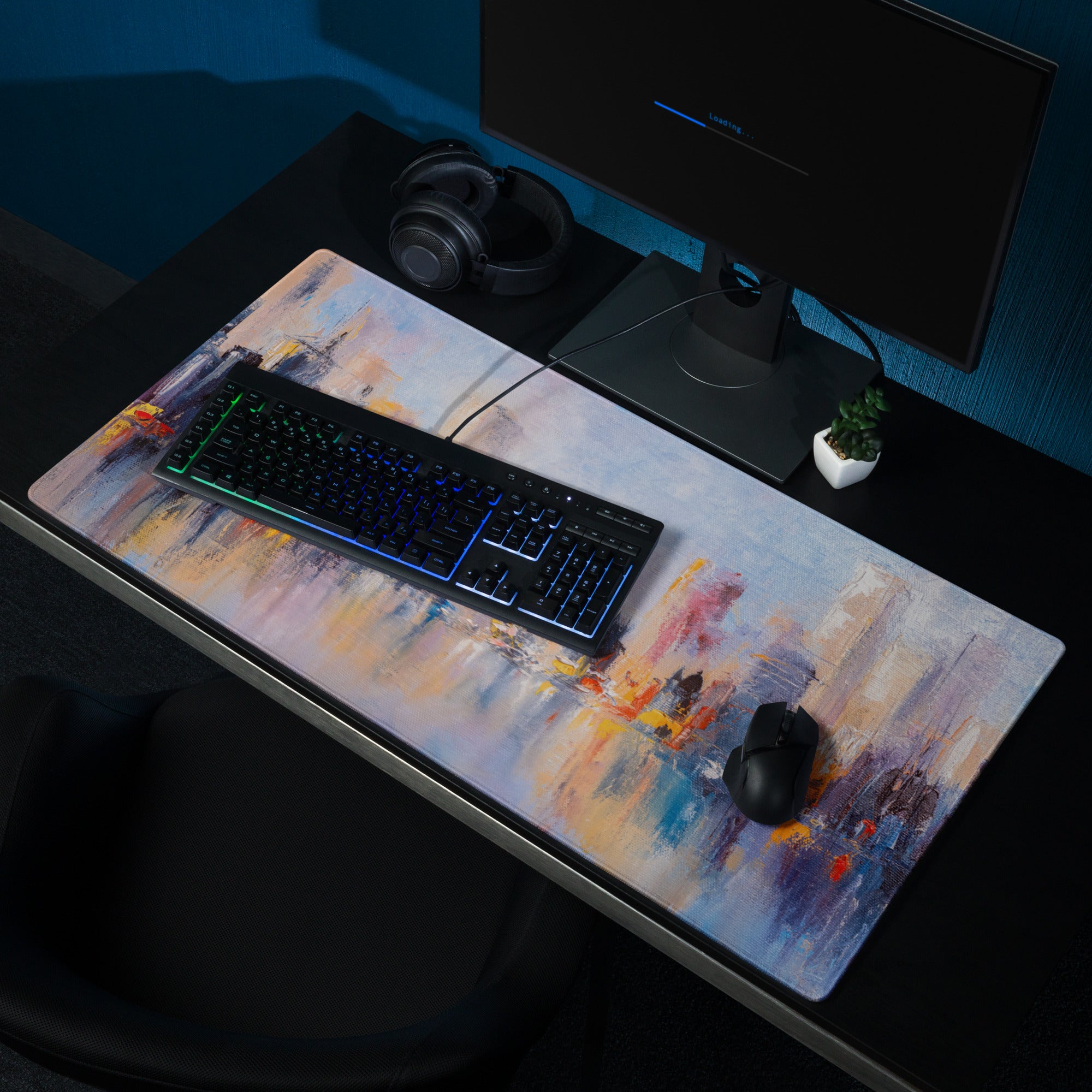 City Skyline Impressionist Mouse Pad - Abstract Cityscape Blues Desk Decor Mood Vibrant Urban Art Oil Painting