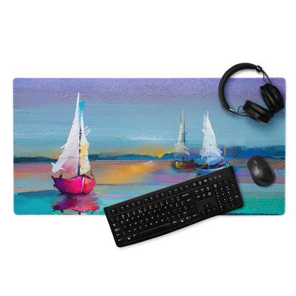 Azure Sailboats Abstract Mouse Pad - Sailboats Blue Teal Purple Orange Desktop Setup Abstract Dreamy Nautical Mood Modern Gaming Mouse Pad Acrylic