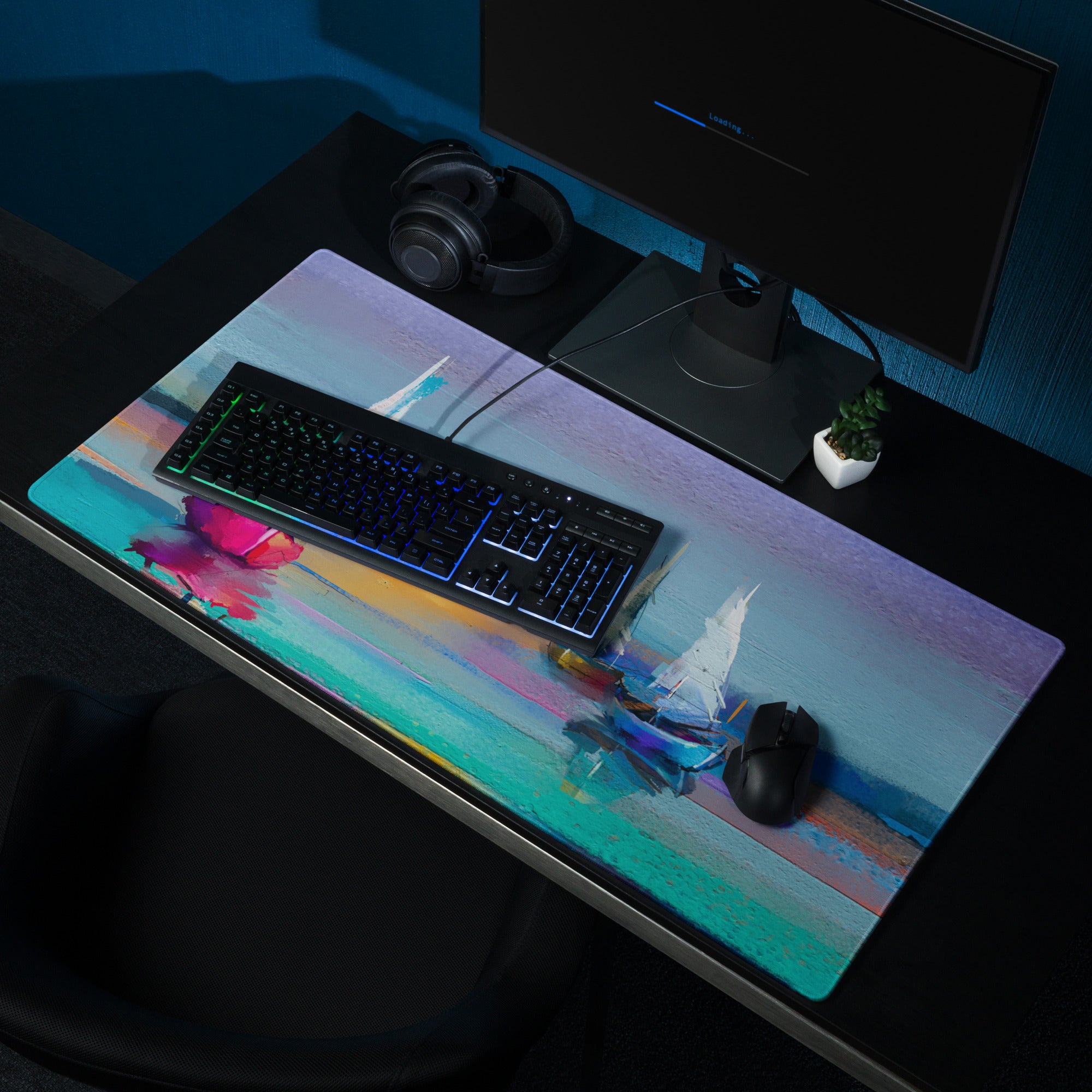 Azure Sailboats Abstract Mouse Pad - Sailboats Blue Teal Purple Orange Desktop Setup Abstract Dreamy Nautical Mood Modern Gaming Mouse Pad Acrylic
