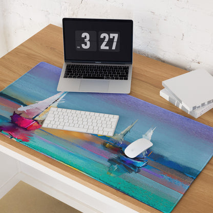 Azure Sailboats Abstract Mouse Pad - Sailboats Blue Teal Purple Orange Desktop Setup Abstract Dreamy Nautical Mood Modern Gaming Mouse Pad Acrylic