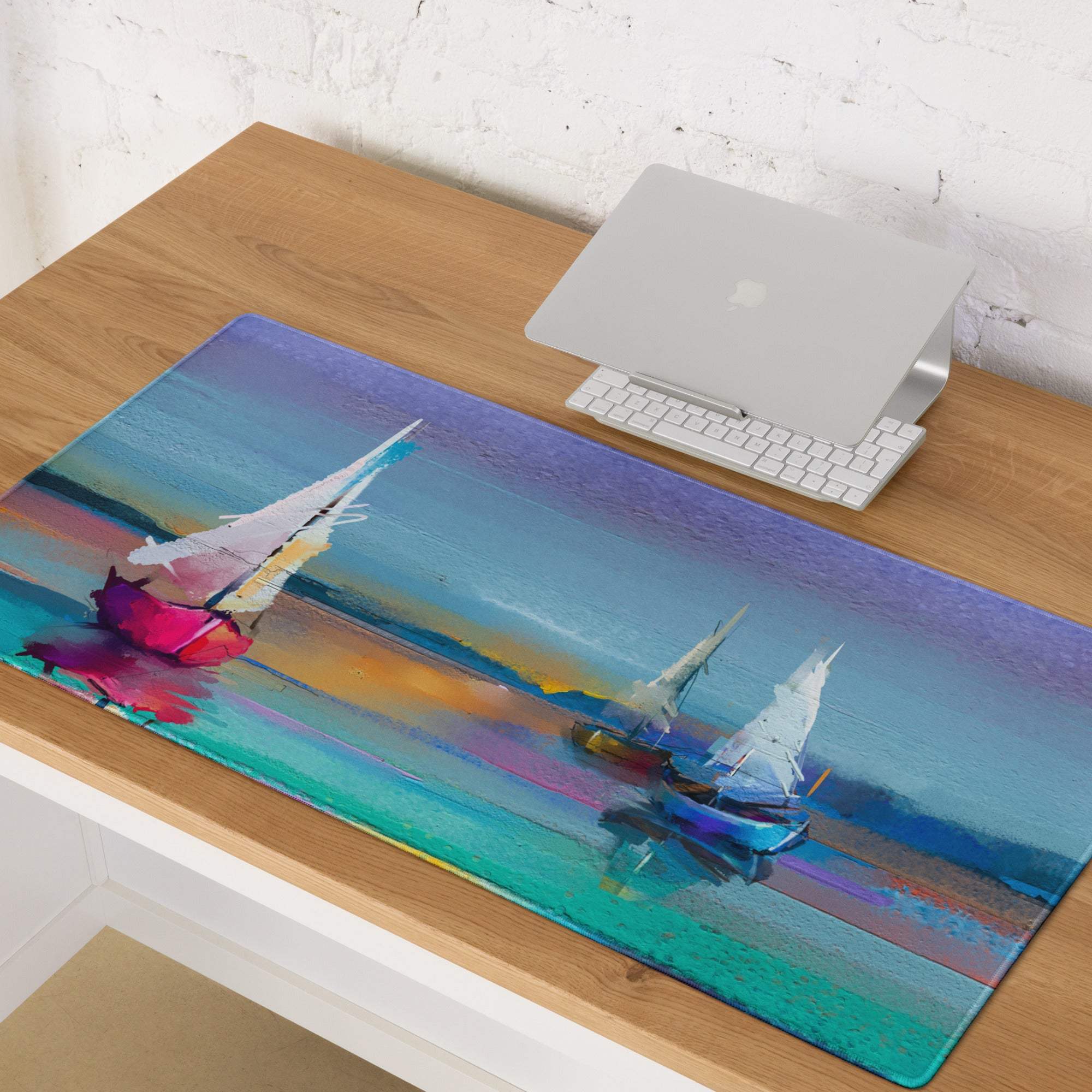 A rectangular acrylic azure sailboats abstract mouse pad with vibrant pink blue and white sailboats on a gradient ocean backdrop
