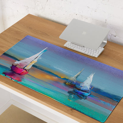 Azure Sailboats Abstract Mouse Pad - Sailboats Blue Teal Purple Orange Desktop Setup Abstract Dreamy Nautical Mood Modern Gaming Mouse Pad Acrylic