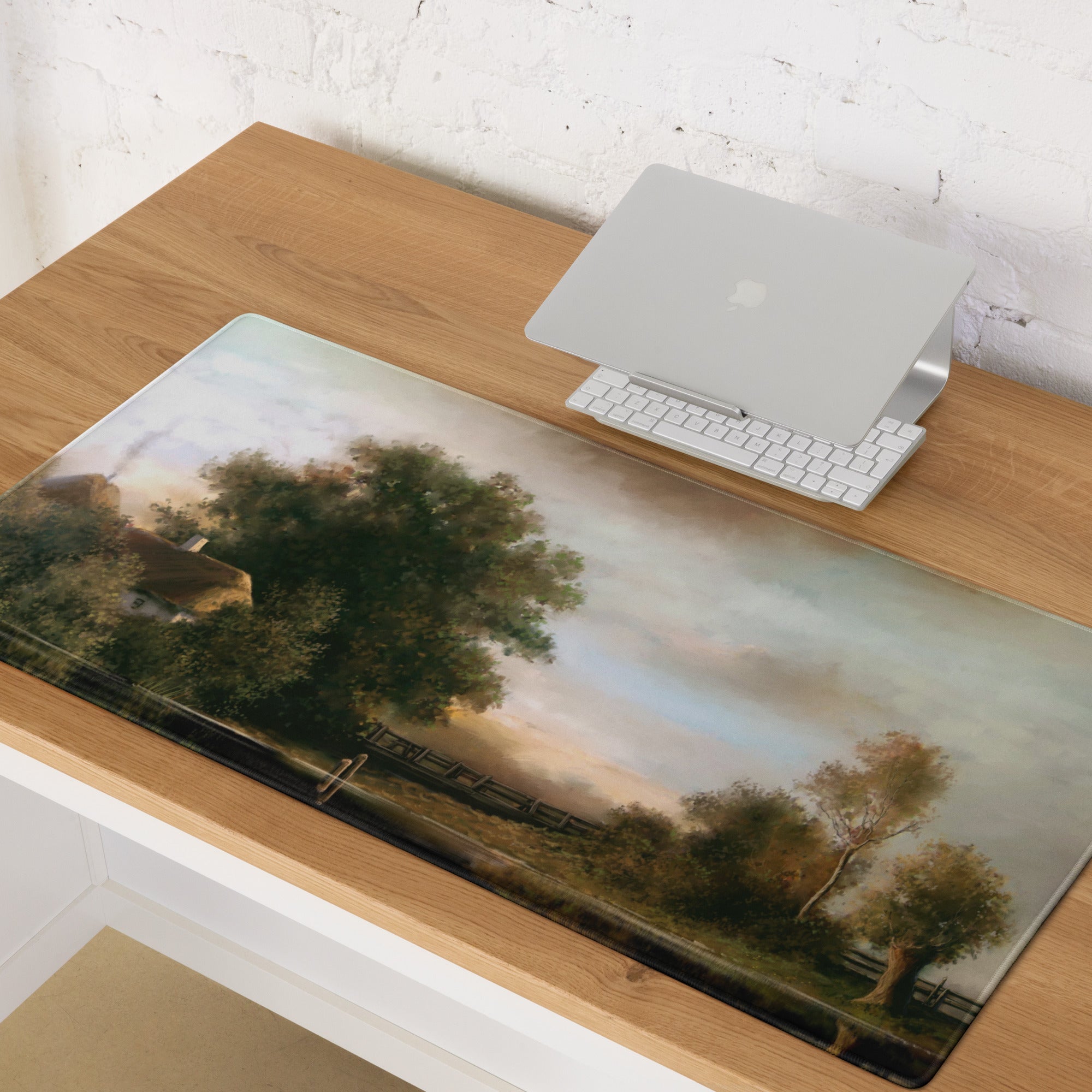 Serene Landscape Desk Mat - Landscape, Warm Tones, Desk Decor, Impressionist Oil Painting