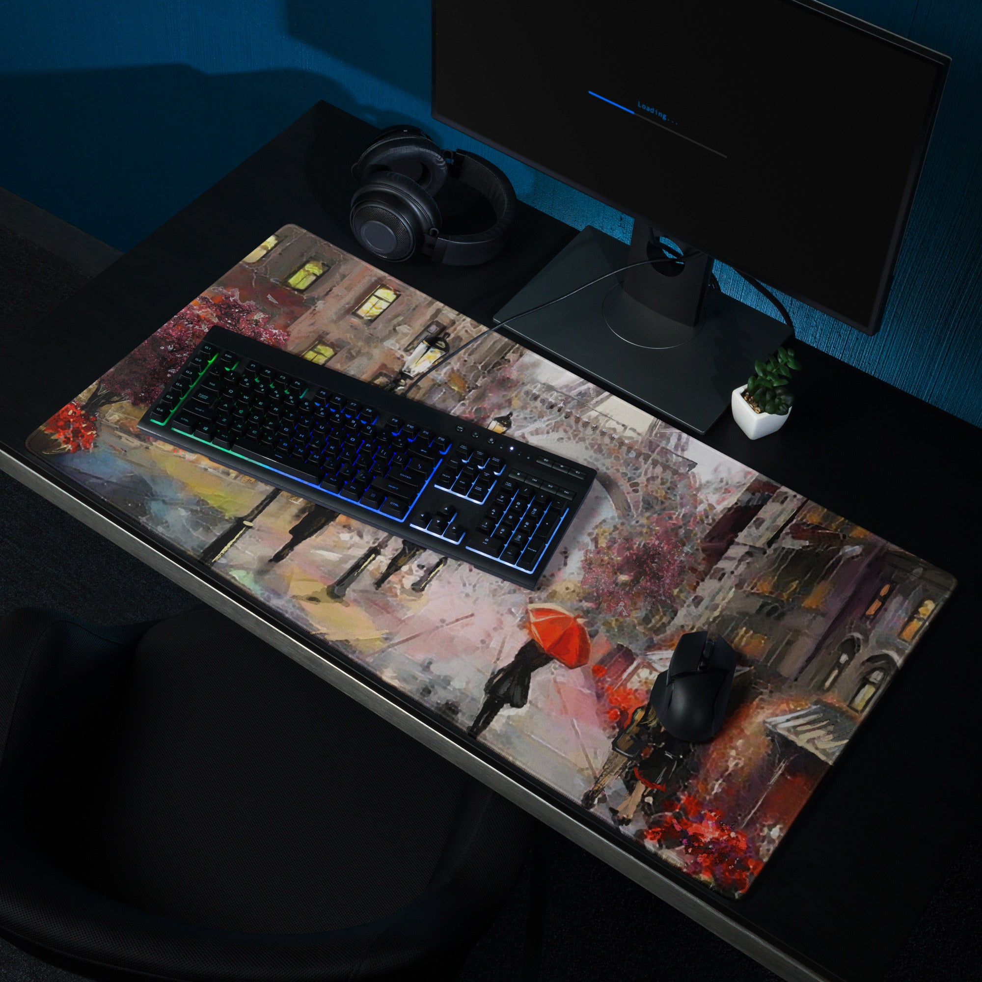 Urban Rain Cityscape Mouse Pad - City Street Night Blues And Pinks For Desk Impressionist Mood Cozy Cinematic; Decor Modern Urban; Niche Gaming Desk Pad; Medium Digital Painting
