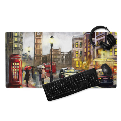 London City Street Scene Mouse Pad - London City Street Warm Yellow Red Desk Office Impressionist Moody Urban Watercolor