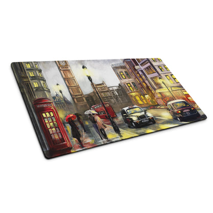 London City Street Scene Mouse Pad - London City Street Warm Yellow Red Desk Office Impressionist Moody Urban Watercolor