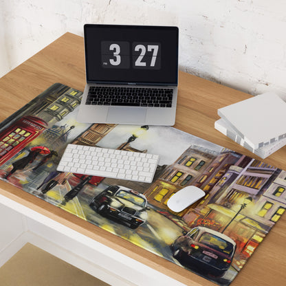 London City Street Scene Mouse Pad - London City Street Warm Yellow Red Desk Office Impressionist Moody Urban Watercolor