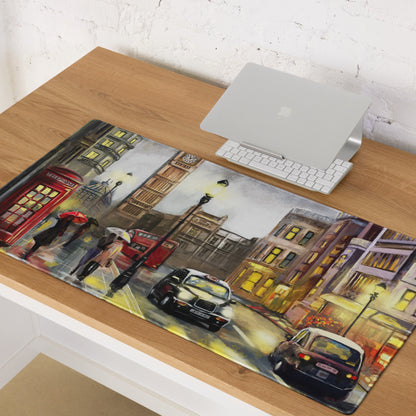 London City Street Scene Mouse Pad - London City Street Warm Yellow Red Desk Office Impressionist Moody Urban Watercolor