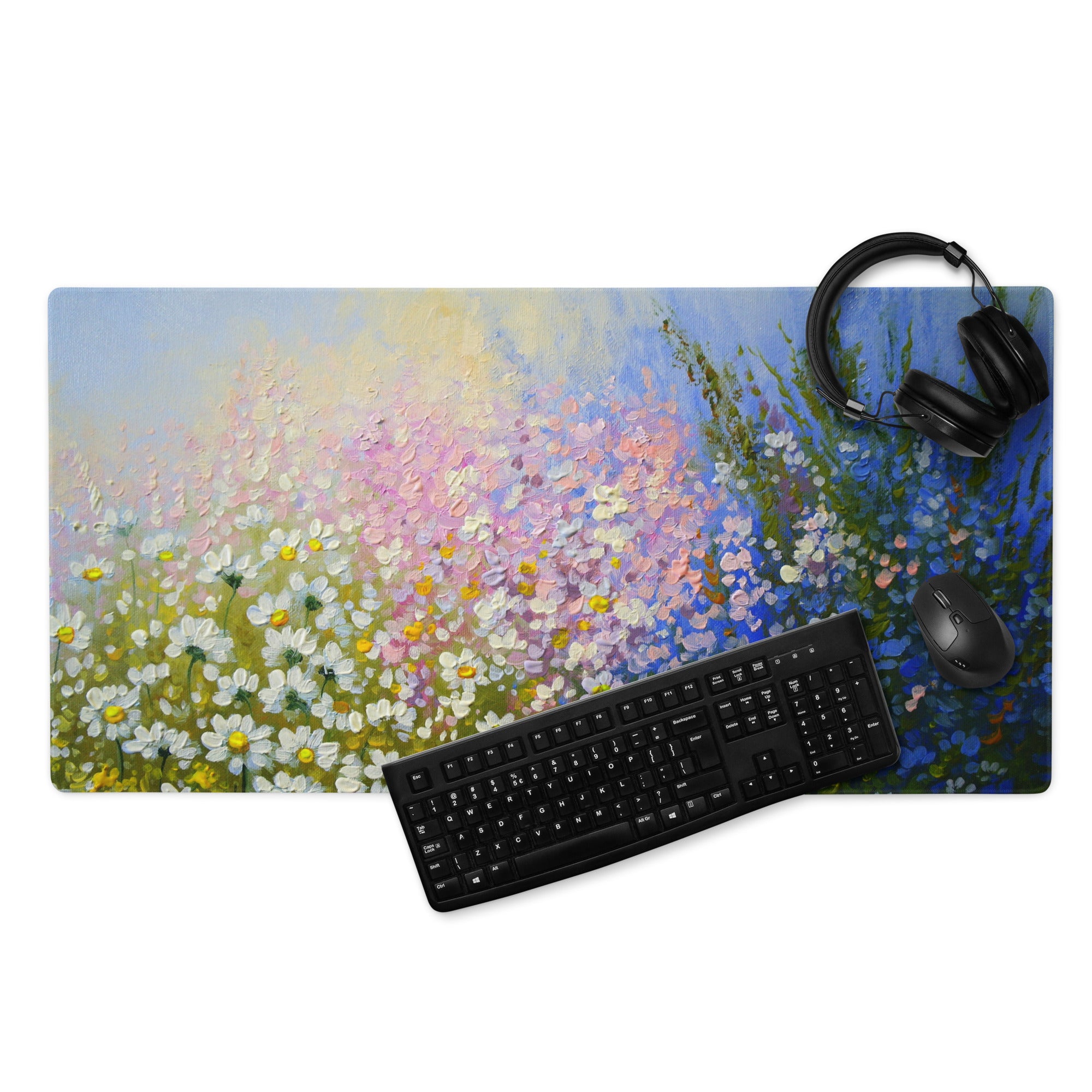 Impressionist Daisy Field Mouse Pad - Daisy Field Artwork White Yellow Pink Blue Gaming Desk Impressionist Oil Painting