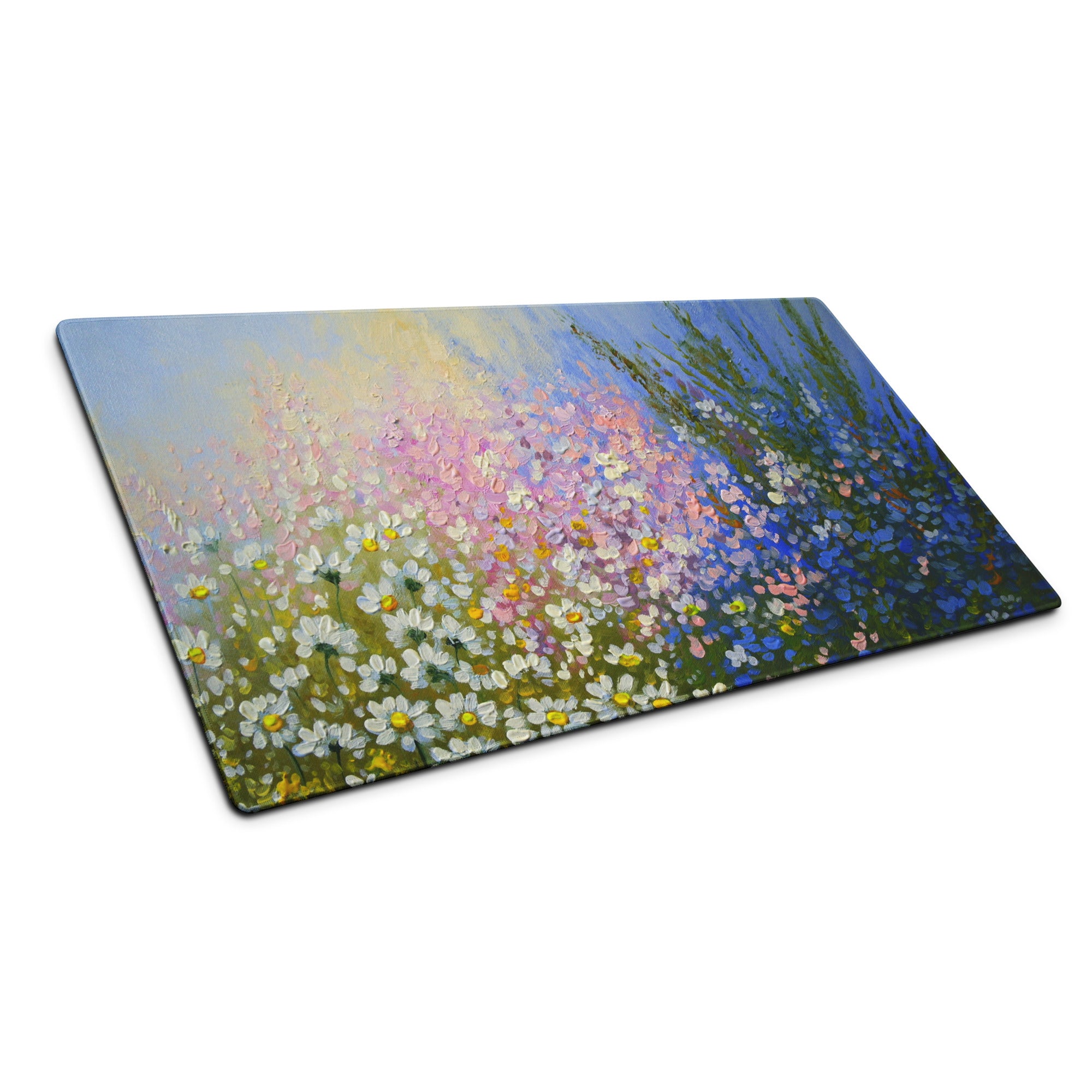 Impressionist Daisy Field Mouse Pad - Daisy Field Artwork White Yellow Pink Blue Gaming Desk Impressionist Oil Painting